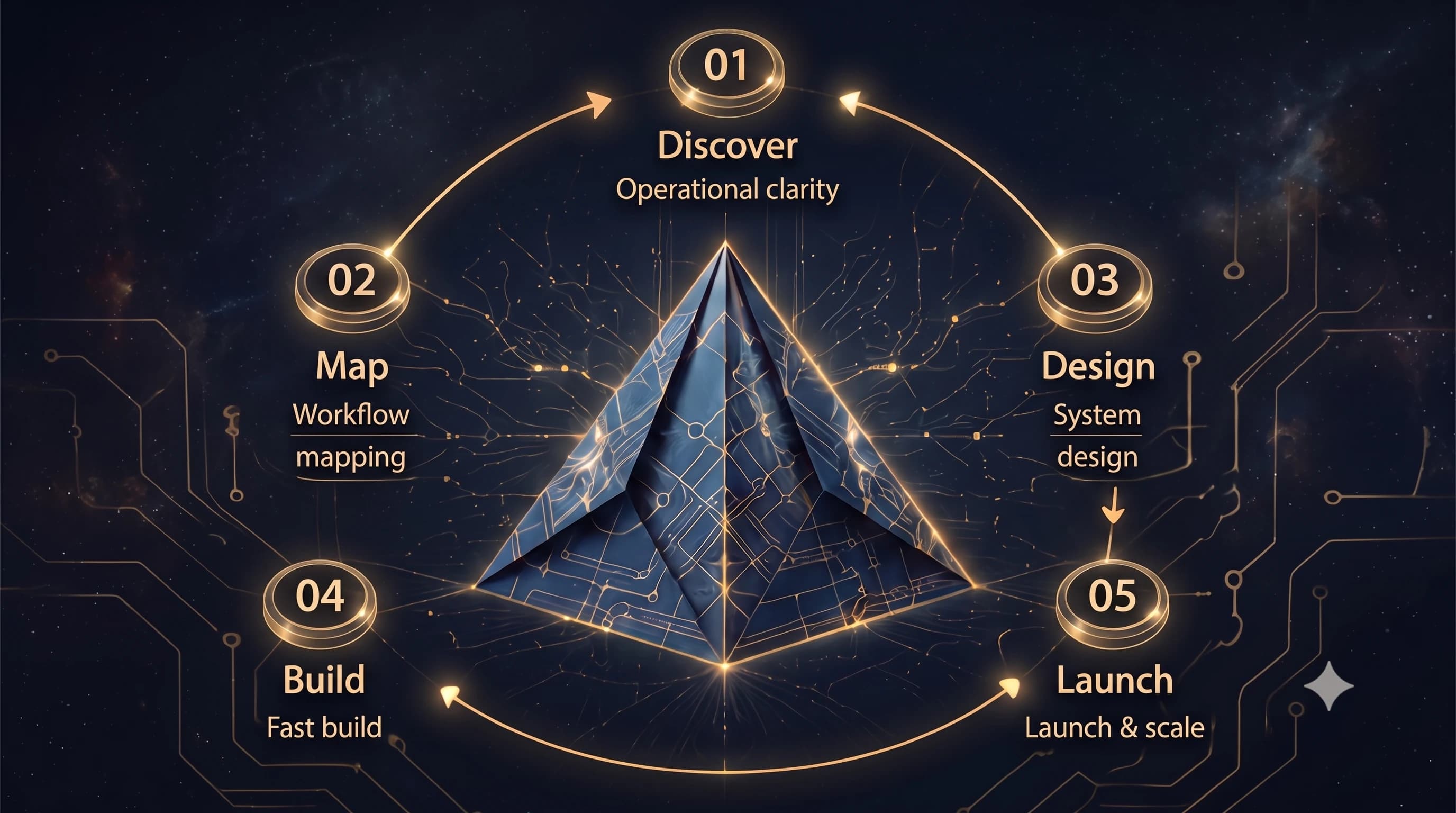 Five-step process orbiting an AI-powered automation core: discover, map, design, build, launch